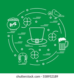 Cute vector illustration with different symbols for St. Patrick's Day arranged in a circle. Design for banner, poster or print. 