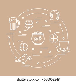 Cute vector illustration with different symbols for St. Patrick's Day arranged in a circle. Design for banner, poster or print. 