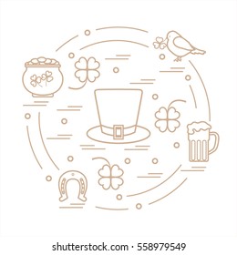 Cute vector illustration with different symbols for St. Patrick's Day arranged in a circle. Design for banner, poster or print. 