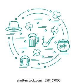 Cute vector illustration with different symbols for St. Patrick's Day arranged in a circle. Design for banner, poster or print. 