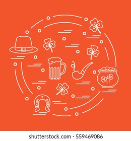 Cute vector illustration with different symbols for St. Patrick's Day arranged in a circle. Design for banner, poster or print. 