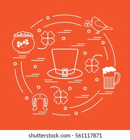 Cute vector illustration with different symbols for St. Patrick's Day arranged in a circle. Design for banner, poster or print. 