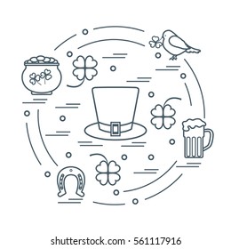 Cute vector illustration with different symbols for St. Patrick's Day arranged in a circle. Design for banner, poster or print. 