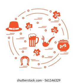 Cute vector illustration with different symbols for St. Patrick's Day arranged in a circle. Design for banner, poster or print. 