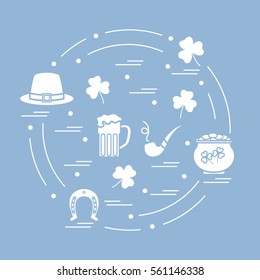 Cute vector illustration with different symbols for St. Patrick's Day arranged in a circle. Design for banner, poster or print. 