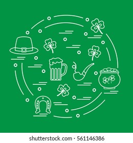 Cute vector illustration with different symbols for St. Patrick's Day arranged in a circle. Design for banner, poster or print. 