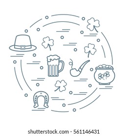 Cute vector illustration with different symbols for St. Patrick's Day arranged in a circle. Design for banner, poster or print. 