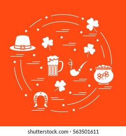 Cute vector illustration with different symbols for St. Patrick's Day arranged in a circle. Design for banner, poster or print. 