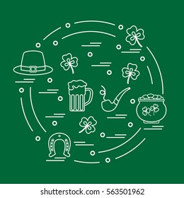 Cute vector illustration with different symbols for St. Patrick's Day arranged in a circle. Design for banner, poster or print. 