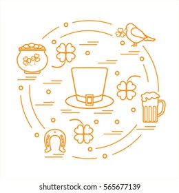 Cute vector illustration with different symbols for St. Patrick's Day arranged in a circle. Design for banner, poster or print. 