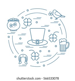 Cute vector illustration with different symbols for St. Patrick's Day arranged in a circle. Design for banner, poster or print. 