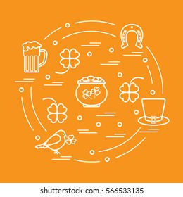Cute vector illustration with different symbols for St. Patrick's Day arranged in a circle. Design for banner, poster or print. 