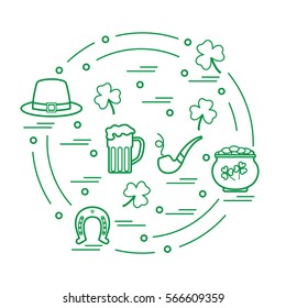 Cute vector illustration with different symbols for St. Patrick's Day arranged in a circle. Design for banner, poster or print. 