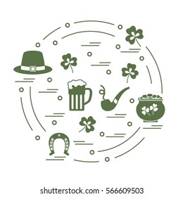Cute vector illustration with different symbols for St. Patrick's Day arranged in a circle. Design for banner, poster or print. 