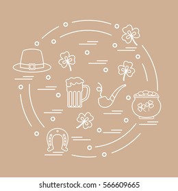 Cute vector illustration with different symbols for St. Patrick's Day arranged in a circle. Design for banner, poster or print. 