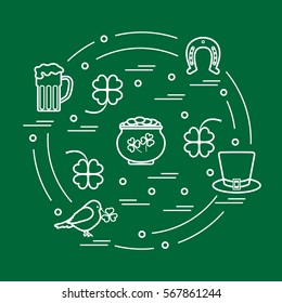 Cute vector illustration with different symbols for St. Patrick's Day arranged in a circle. Design for banner, poster or print. 