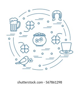 Cute vector illustration with different symbols for St. Patrick's Day arranged in a circle. Design for banner, poster or print. 