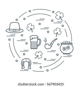 Cute vector illustration with different symbols for St. Patrick's Day arranged in a circle. Design for banner, poster or print. 