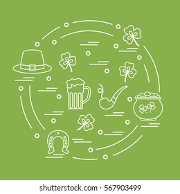 Cute vector illustration with different symbols for St. Patrick's Day arranged in a circle. Design for banner, poster or print. 