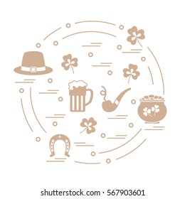 Cute vector illustration with different symbols for St. Patrick's Day arranged in a circle. Design for banner, poster or print. 