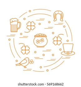 Cute vector illustration with different symbols for St. Patrick's Day arranged in a circle. Design for banner, poster or print. 
