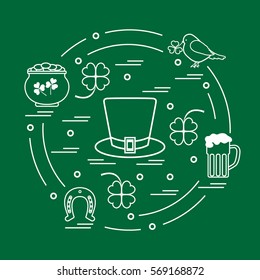 Cute vector illustration with different symbols for St. Patrick's Day arranged in a circle. Design for banner, poster or print. 