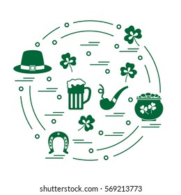 Cute vector illustration with different symbols for St. Patrick's Day arranged in a circle. Design for banner, poster or print. 