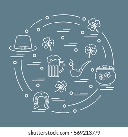 Cute vector illustration with different symbols for St. Patrick's Day arranged in a circle. Design for banner, poster or print. 