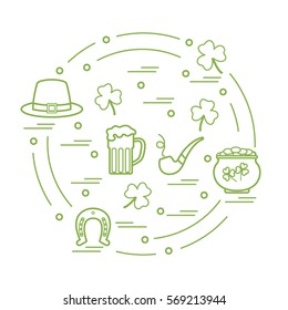 Cute vector illustration with different symbols for St. Patrick's Day arranged in a circle. Design for banner, poster or print. 