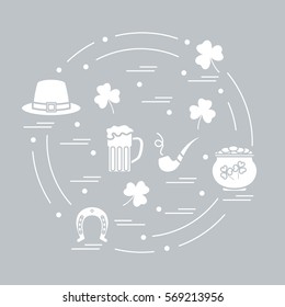 Cute vector illustration with different symbols for St. Patrick's Day arranged in a circle. Design for banner, poster or print. 