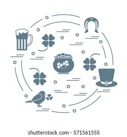 Cute vector illustration with different symbols for St. Patrick's Day arranged in a circle. Design for banner, poster or print. 