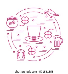 Cute vector illustration with different symbols for St. Patrick's Day arranged in a circle. Design for banner, poster or print. 