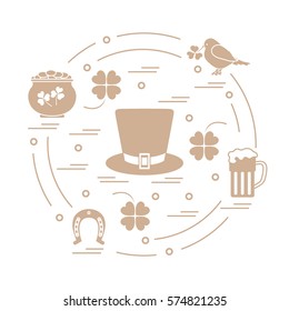 Cute vector illustration with different symbols for St. Patrick's Day arranged in a circle. Design for banner, poster or print. 