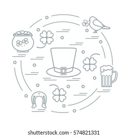 Cute vector illustration with different symbols for St. Patrick's Day arranged in a circle. Design for banner, poster or print. 