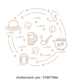Cute vector illustration with different symbols for St. Patrick's Day arranged in a circle. Design for banner, poster or print. 