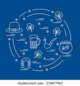 Cute vector illustration with different symbols for St. Patrick's Day arranged in a circle. Design for banner, poster or print. 