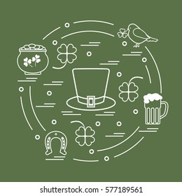 Cute vector illustration with different symbols for St. Patrick's Day arranged in a circle. Design for banner, poster or print. 