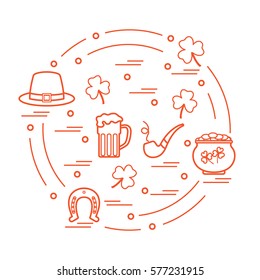 Cute vector illustration with different symbols for St. Patrick's Day arranged in a circle. Design for banner, poster or print. 