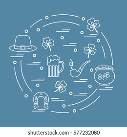 Cute vector illustration with different symbols for St. Patrick's Day arranged in a circle. Design for banner, poster or print. 