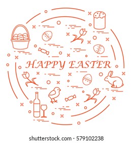 Cute vector illustration with different symbols for Easter arranged in a circle. Including icons of Easter cake, chick, baskets, eggs and other. Design for banner, poster or print. 