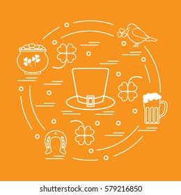 Cute vector illustration with different symbols for St. Patrick's Day arranged in a circle. Design for banner, poster or print. 