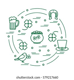 Cute vector illustration with different symbols for St. Patrick's Day arranged in a circle. Design for banner, poster or print. 