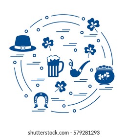 Cute vector illustration with different symbols for St. Patrick's Day arranged in a circle. Design for banner, poster or print. 