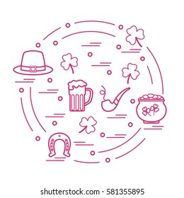 Cute vector illustration with different symbols for St. Patrick's Day arranged in a circle. Design for banner, poster or print. 