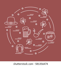 Cute vector illustration with different symbols for St. Patrick's Day arranged in a circle. Design for banner, poster or print. 