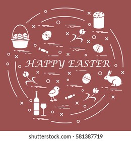 Cute vector illustration with different symbols for Easter arranged in a circle. Including icons of Easter cake, chick, baskets, eggs and other. Design for banner, poster or print. 