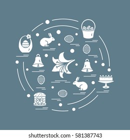 Cute vector illustration with different symbols for Easter arranged in a circle. Including icons of simnel cake, lily, baskets, eggs and other. Design for banner, poster or print.