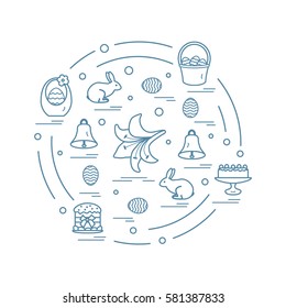 Cute vector illustration with different symbols for Easter arranged in a circle. Including icons of simnel cake, lily, baskets, eggs and other. Design for banner, poster or print.