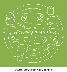 Cute vector illustration with different symbols for Easter arranged in a circle. Including icons of Easter cake, chick, baskets, eggs and other. Design for banner, poster or print. 