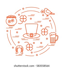 Cute vector illustration with different symbols for St. Patrick's Day arranged in a circle. Design for banner, poster or print. 